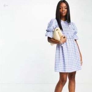 Blue and white gingham smocked dress